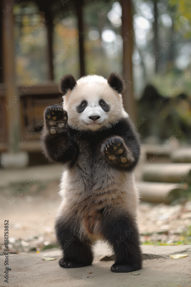 Fototapeta premium animal by ai // panda cub standing on his hind legs, waving both hands, defense expression, forest background, photorealistic // ai-generated 