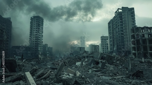 Surreal view of a once-thriving city reduced to rubble and ash photo