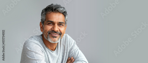 Portrait of a Smiling Middle Aged Indian Man on a Grey Background photo