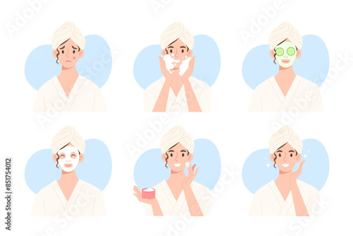 Bundle of young female showing various facial skin treatment. Skin care routine procedure. Beauty spa. Concept of healthy skin procedure, beauty lifestyle. Flat vector illustration character.