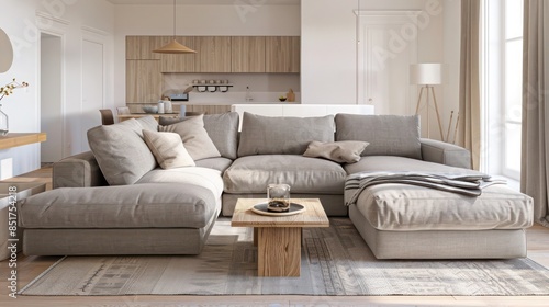 Scandinavian-style living room featuring a large, comfortable sofa in a muted color, a wooden coffee table, and a simple area rug, with a focus on spaciousness and light © Aeman