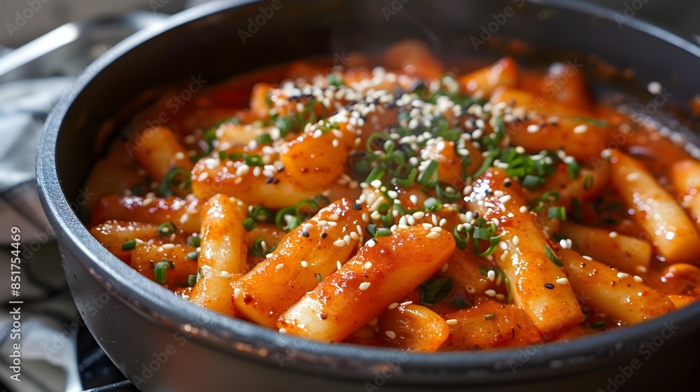 Spicy Korean Rice Cakes Tteokbokki in Flavorful Sauce Simmered in Pot Spicy Korean Rice Cakes Tteokbokki in Flavorful Sauce Simmered in Pot