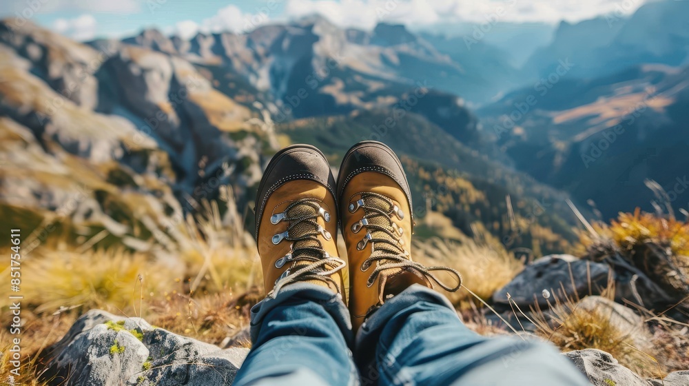 A persons feet with hiking boots resting at a mountain top A persons feet with hiking boots resting at a mountain top