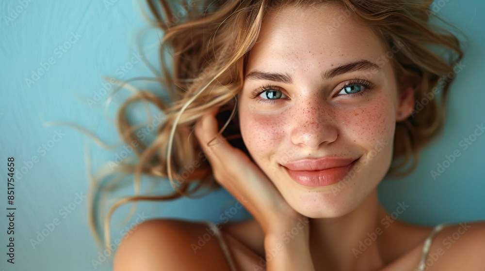 Fototapeta premium Beautiful woman with fresh skin, resting in a peaceful studio, cheerful and vibrant background