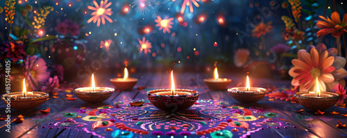 A colorful Diwali scene with diyas lit, rangoli designs on the floor, and fireworks exploding in the sky.