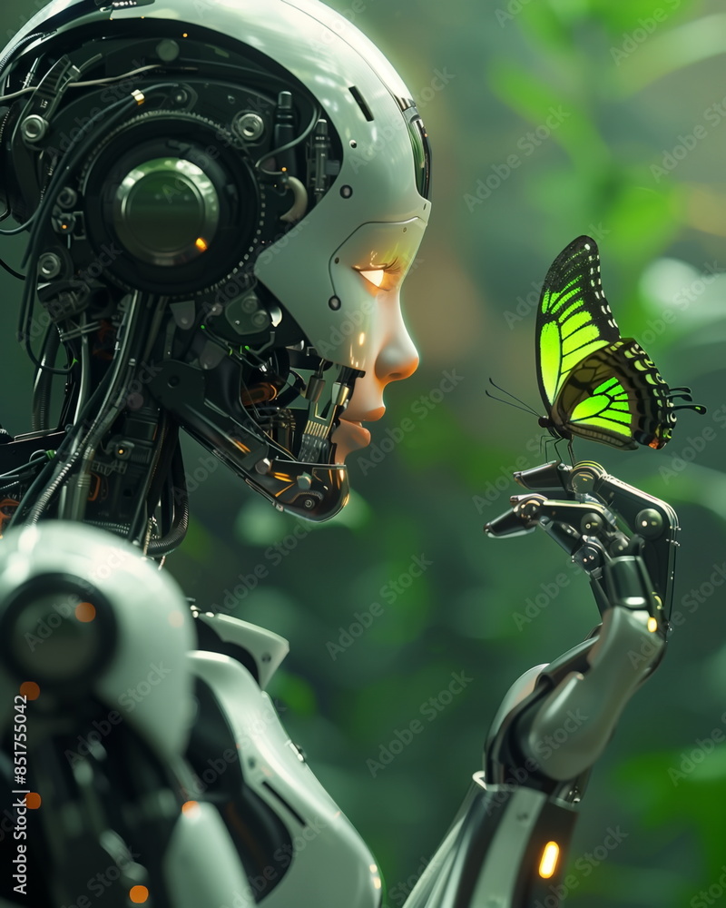 lady robot with a butterfly on her finger lady robot with a butterfly on her finger