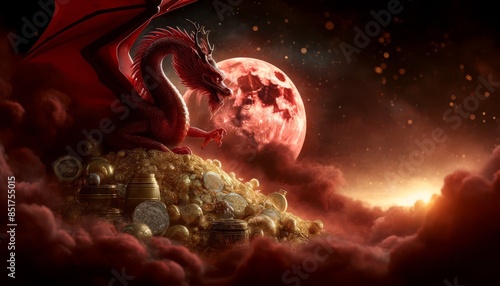 A red dragon protectively hovering over a massive pile of gold and jewels, the red moon casting a mystical glow over the scene. photo