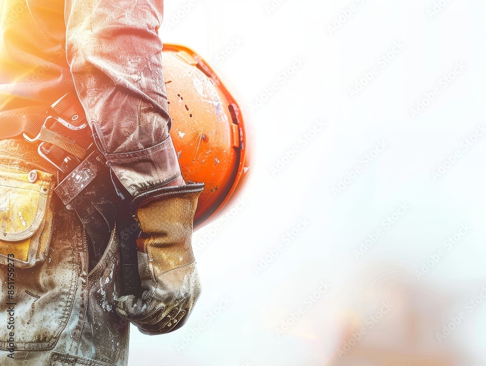 Medium shot of Construction worker man with helmet, waist high shot photography, themed background