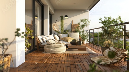 Wallpaper Mural Scandinavian-themed balcony with sleek wooden decking, minimalist furniture, and soft, cozy textiles, creating an urban oasis Torontodigital.ca