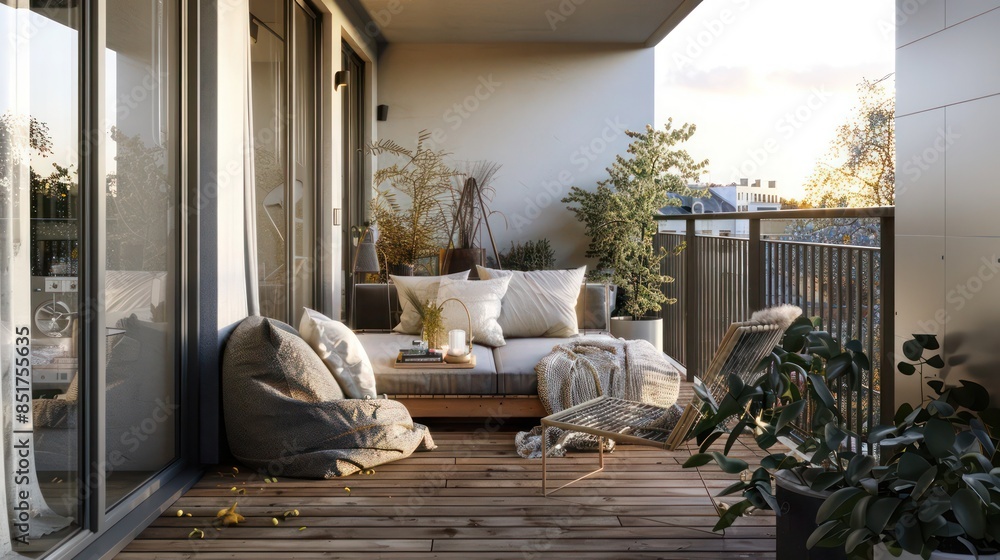 Scandinavian-themed balcony with sleek wooden decking, minimalist furniture, and soft, cozy textiles, creating an urban oasis Scandinavian-themed balcony with sleek wooden decking, minimalist furniture, and soft, cozy textiles, creating an urban oasis
