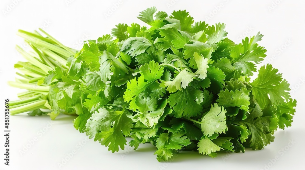 Photo of Cilantro - Coriandrum sativum position center isolate on white background, clear focus, soft lighting Photo of Cilantro - Coriandrum sativum position center isolate on white background, clear focus, soft lighting