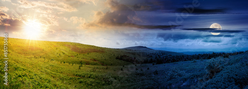 Obraz na płótnie panoramic mountain landscape at summer solstice. wide alpine meadows and grassy rolling hills beneath a sky with sun and moon at twilight. day and night time change concept w salonie