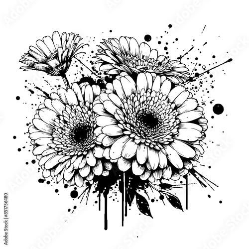 line art splashes of black paint form a garbera bouquet photo