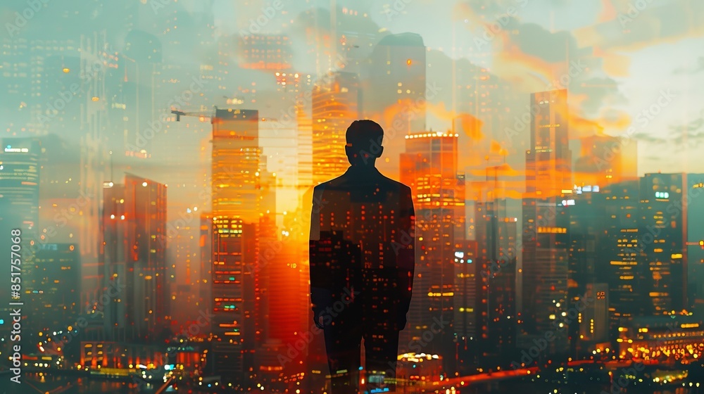 Businessman in double exposure with cityscape, Businessman in double exposure with cityscape,