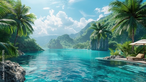 Fototapeta Naklejka Na Ścianę i Meble -  A beautiful tropical beach with palm trees and a clear blue ocean