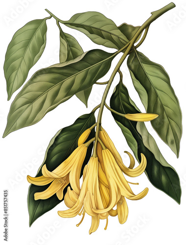 Ylang-ylang isolated on transparent background, old botanical illustration, Ylang-ylang and  leaves photo