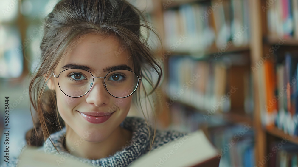 Cute young girl in a university library, reading and smiling at the camera Cute young girl in a university library, reading and smiling at the camera