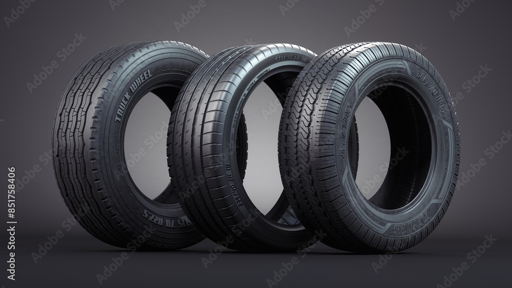Various car tires with different tyre tread pattern on black background ...