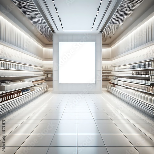 Modern commercial building interior with A large blank white screen sign in A store style interior set design engaging highquality. photo