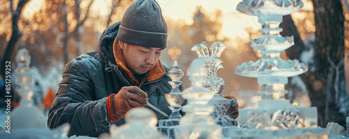 An artist sculpting intricate ice sculptures at a winter festival, transforming blocks of ice into stunning works of art. photo