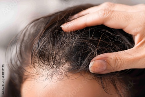 A close-up image of a person's fingers gently touching a patch of thinning hair on their head