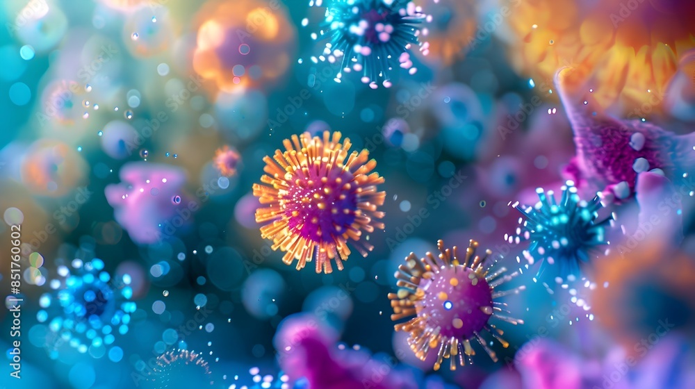 Vibrant Microscopic Virus Particles Blending Science and Abstract Art Vibrant Microscopic Virus Particles Blending Science and Abstract Art