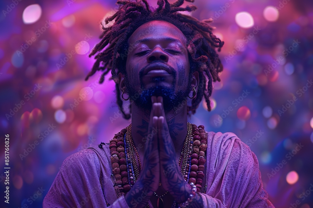 A close-up shot of a man with dreadlocks praying with his hands clasped together. The background is a blurry purple and pink, with lights A close-up shot of a man with dreadlocks praying with his hands clasped together. The background is a blurry purple and pink, with lights