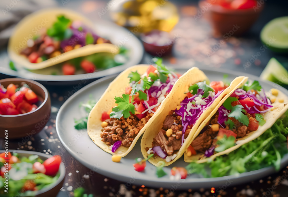 A close-up of three delicious tacos filled with ground meat, chopped tomatoes, shredded purple cabbage, cilantro, and corn, served on a plate with a side of salsa and lime wedges. National Taco Day. A close-up of three delicious tacos filled with ground meat, chopped tomatoes, shredded purple cabbage, cilantro, and corn, served on a plate with a side of salsa and lime wedges. National Taco Day.