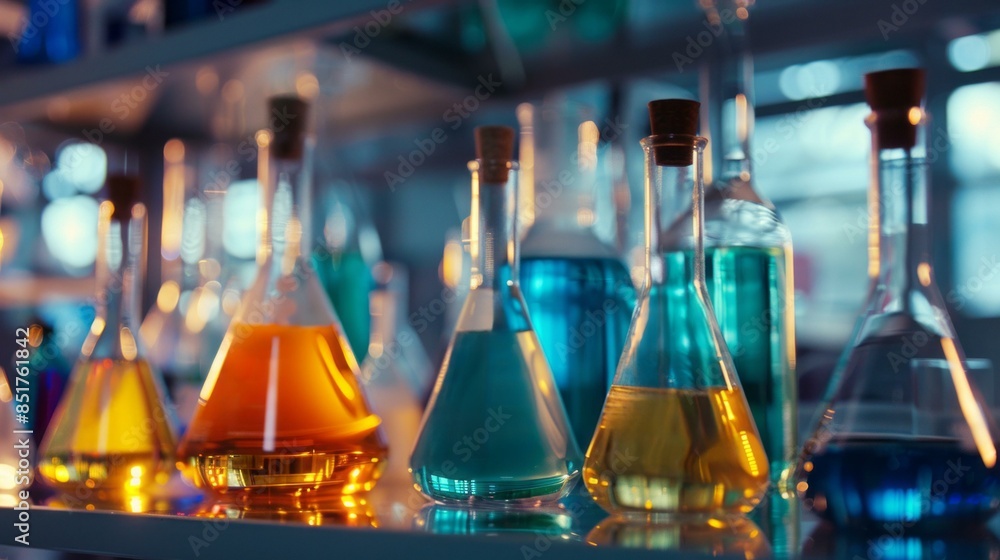 Colorful chemistry lab experiment with flasks. Erlenmeyer flasks filled with colorful liquids in a science laboratory, perfect for scientific research or educational concepts. Colorful chemistry lab experiment with flasks. Erlenmeyer flasks filled with colorful liquids in a science laboratory, perfect for scientific research or educational concepts.