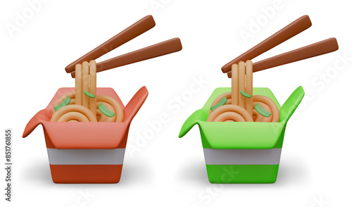 Set of paper boxes with noodles, herbs, chopsticks. Asian dishes to choose from
