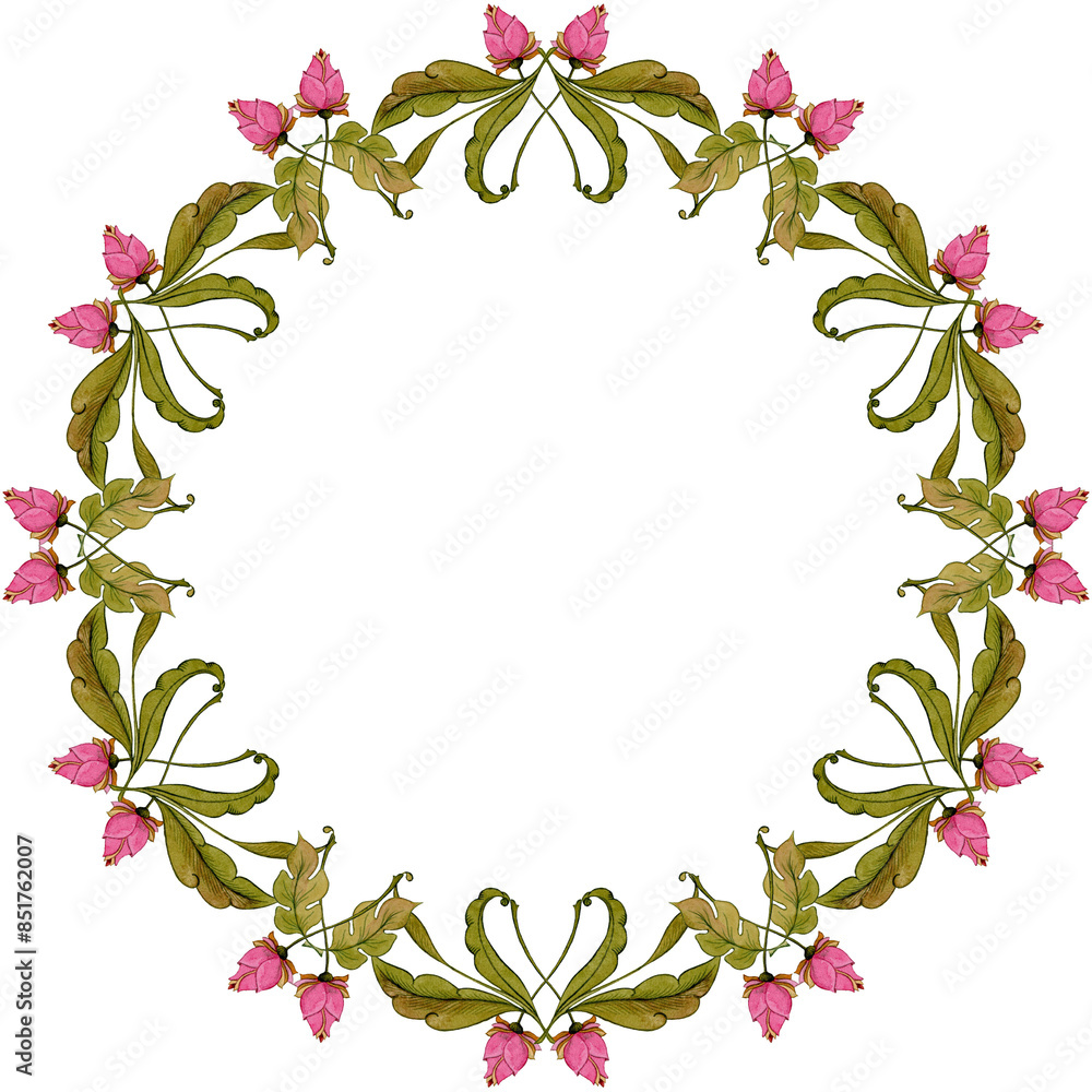 Fototapeta premium Delicate pink watercolor buds and leaves woven into an art deco wreath on a transparent background