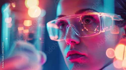 Scientist working with futuristic hud in laboratory. Female scientist analyzing data with a futuristic HUD in a lab setting, showcasing technological advancements in research.
