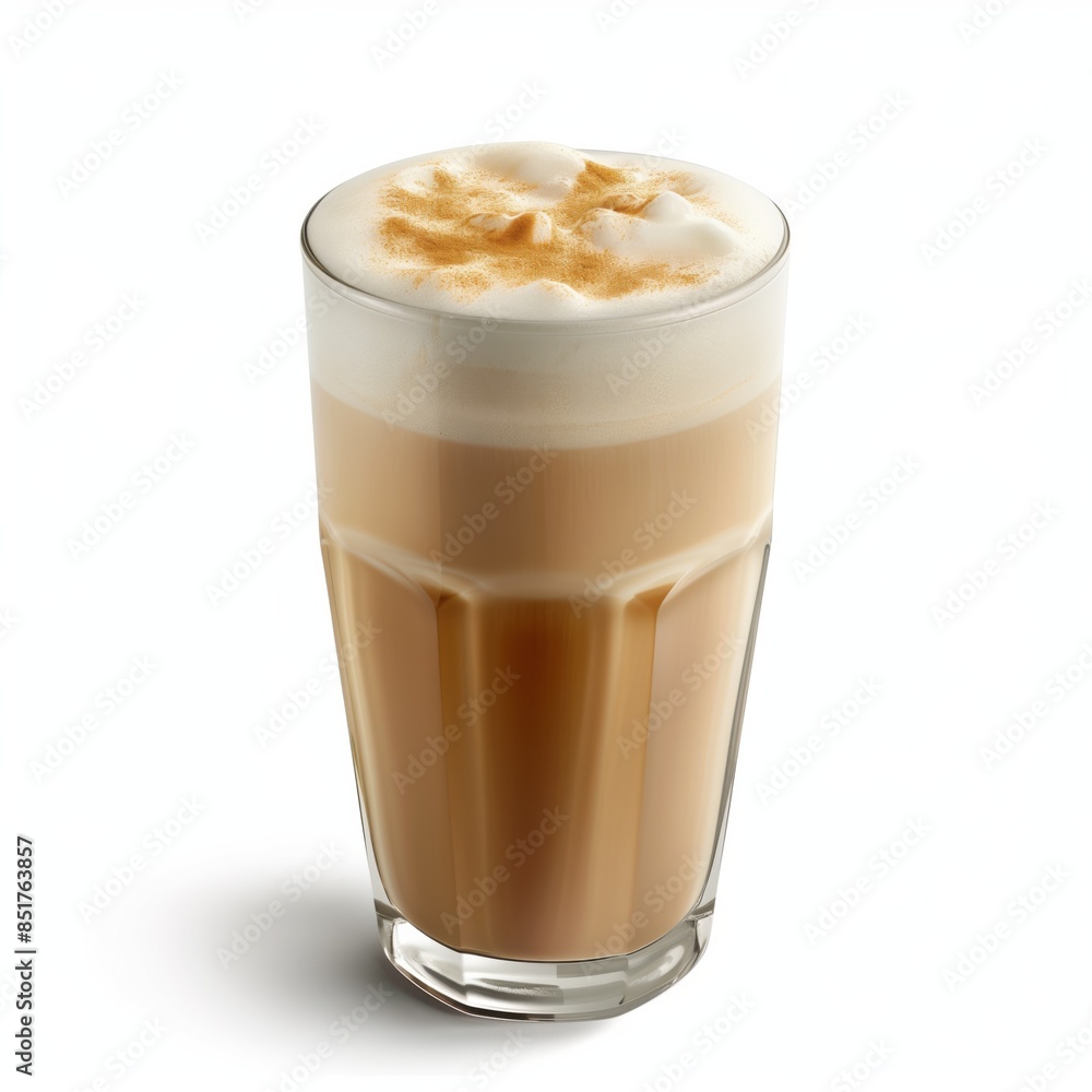 A frothy latte macchiato with distinct layers of milk and coffee in a tall glass, perfect for coffee enthusiasts A frothy latte macchiato with distinct layers of milk and coffee in a tall glass, perfect for coffee enthusiasts
