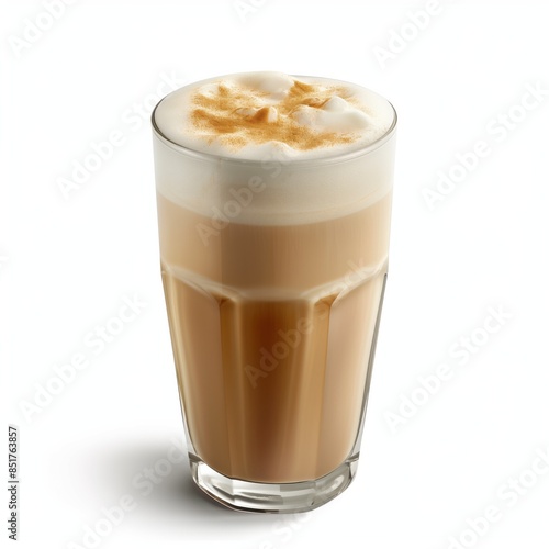 A frothy latte macchiato with distinct layers of milk and coffee in a tall glass, perfect for coffee enthusiasts © OneStockShop