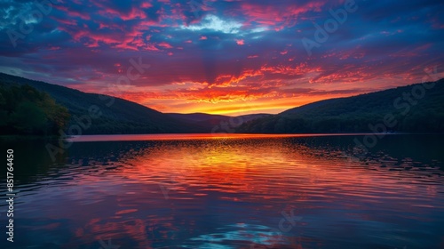 Summer twilight at a tranquil lake, the sky and water ablaze with the hot hues of a setting sun