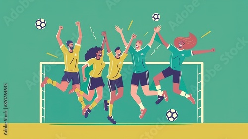 Joyful soccer team celebrating victory with raised hands and soccer balls.