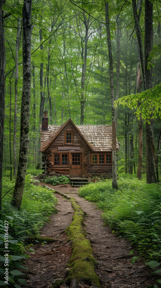Cozy Wooden Cabin Nestled in Dense Forest with Moss Covered Path Leading to Front Door in Serene Natural Setting Cozy Wooden Cabin Nestled in Dense Forest with Moss Covered Path Leading to Front Door in Serene Natural Setting