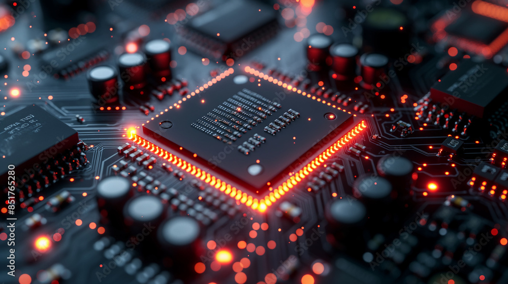 Top down view of circuit board with main controlling CPU chip. Computer graphic of digital device. Computers and technology concept. Top down view of circuit board with main controlling CPU chip. Computer graphic of digital device. Computers and technology concept.