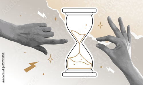 Trendy collage with halftone hands, hourglass and torn paper. Time concept, deadline, time management. Time, hurry up. Contemporary vector banner