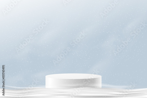 Christmas background with Winter landscape with white podium stand display and snowy on blue sky background,Vector banner for Xmas card,Holiday banner on New Year 2025,Web banner for promotion,Sale