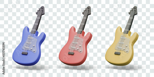 Set of realistic guitars of different colors. Detailed musical instrument