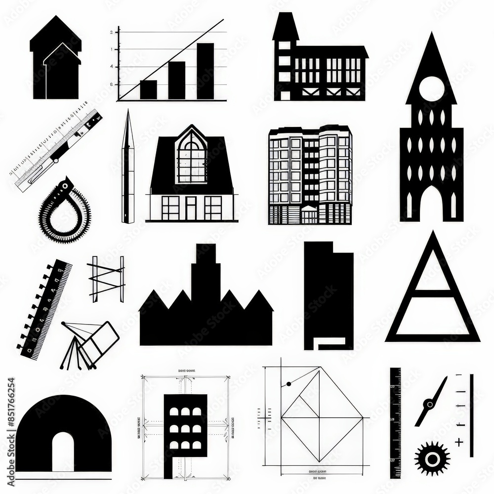 Fototapeta premium Solid icon collection featuring architectural elements like blueprints, protractors, and building silhouettes, ideal for design and planning visuals.