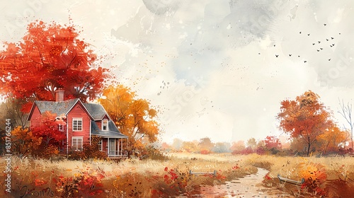 Rustic farmhouses along the border, charming and nostalgic with fall foliage, classic painting style, blank center for country living magazine ads photo