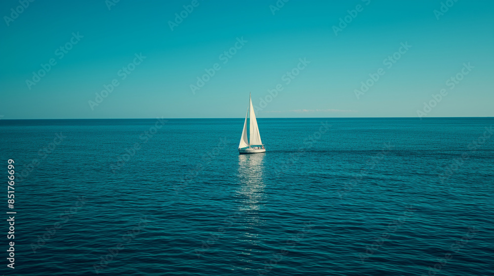 Obraz premium Lonely sailboat is sailing in the deep blue ocean on a beautiful sunny day
