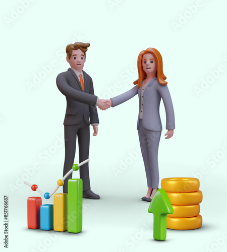Businessman and businesswoman shaking hands. Concept of development and profit in 3D style
