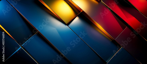 geometric metal chrome texture with empty space in blue, golden yellow, and red background
