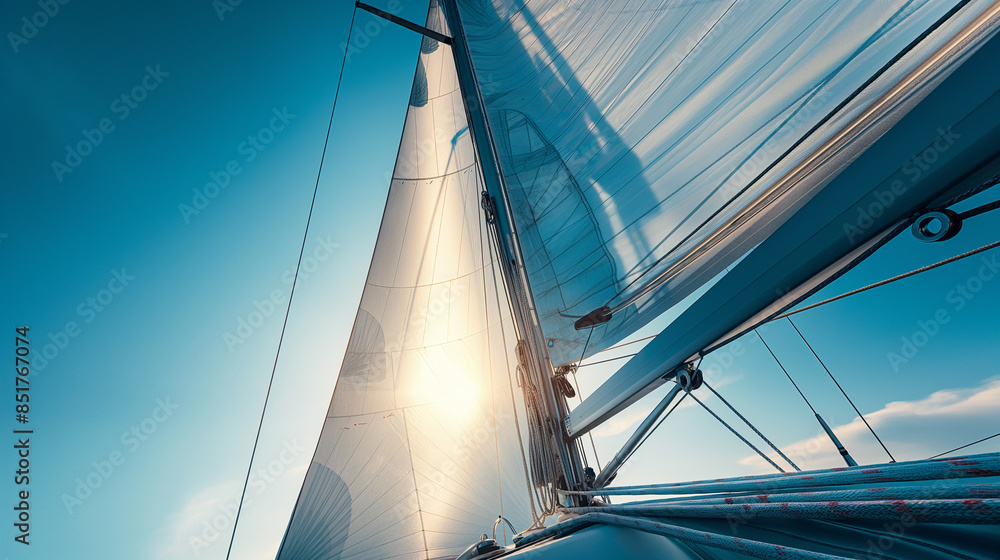 Obraz premium Sailboat sailing on the ocean with sunlight shining through the sail