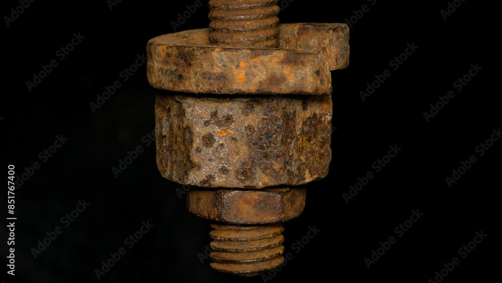 rusty nut. Rusty iron rod with screw threads. Rusted mechanical components. threaded bolt and nut isolated close up. dismantling concept, difficult to unscrew, non-removable. rusty nut. Rusty iron rod with screw threads. Rusted mechanical components. threaded bolt and nut isolated close up. dismantling concept, difficult to unscrew, non-removable.