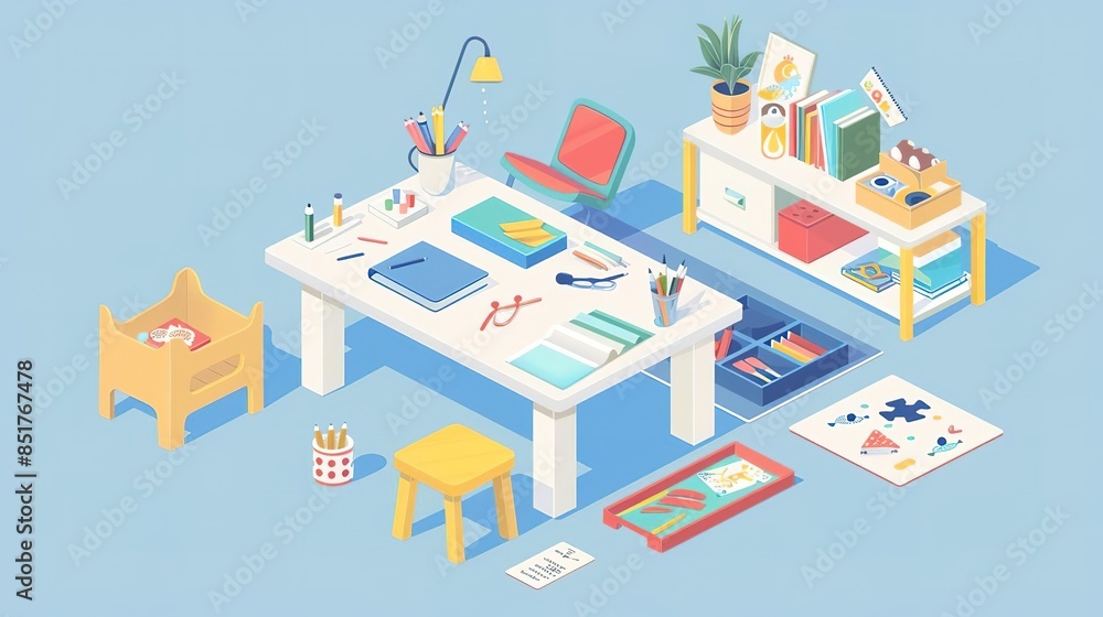 Isometric illustration of an artist's workspace with desk, chair, supplies, and decor. Isometric illustration of an artist's workspace with desk, chair, supplies, and decor.