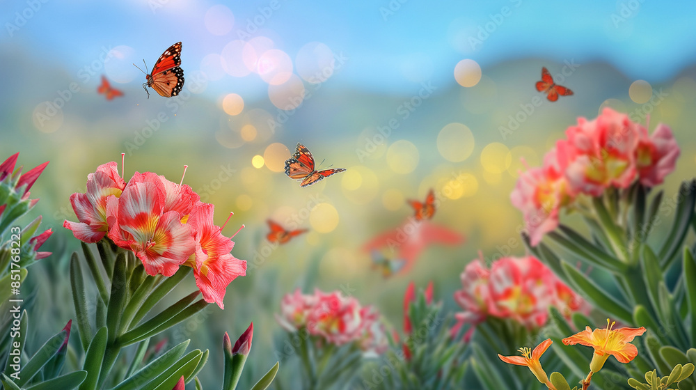 a cluster of Adenium Flowers with some butterflies with a blurred mountain background a cluster of Adenium Flowers with some butterflies with a blurred mountain background
